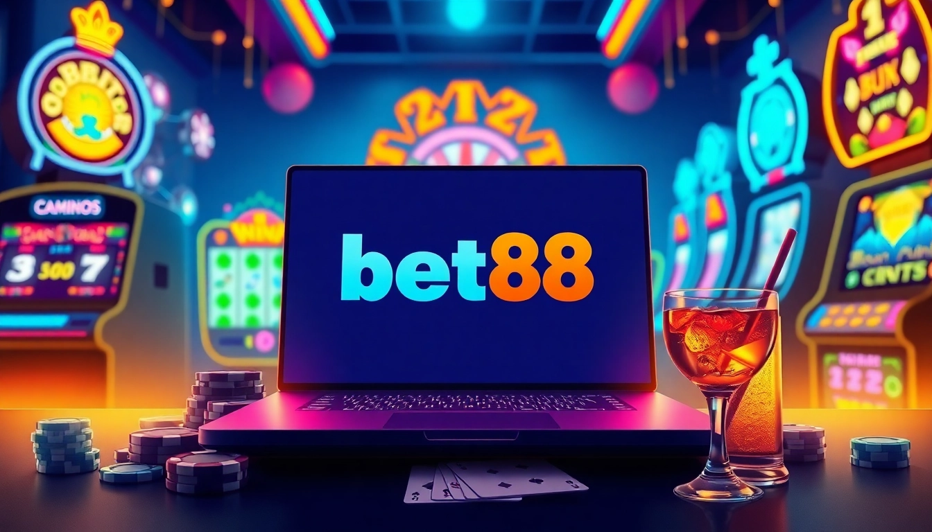 Experience the excitement of online gambling with Bet88's vibrant gaming setup and neon accents.