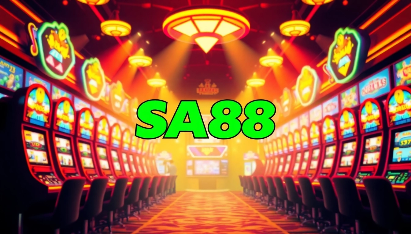 Engaging image showcasing the SA88 logo amidst a bustling casino scene filled with vibrant slot machines and excitement.