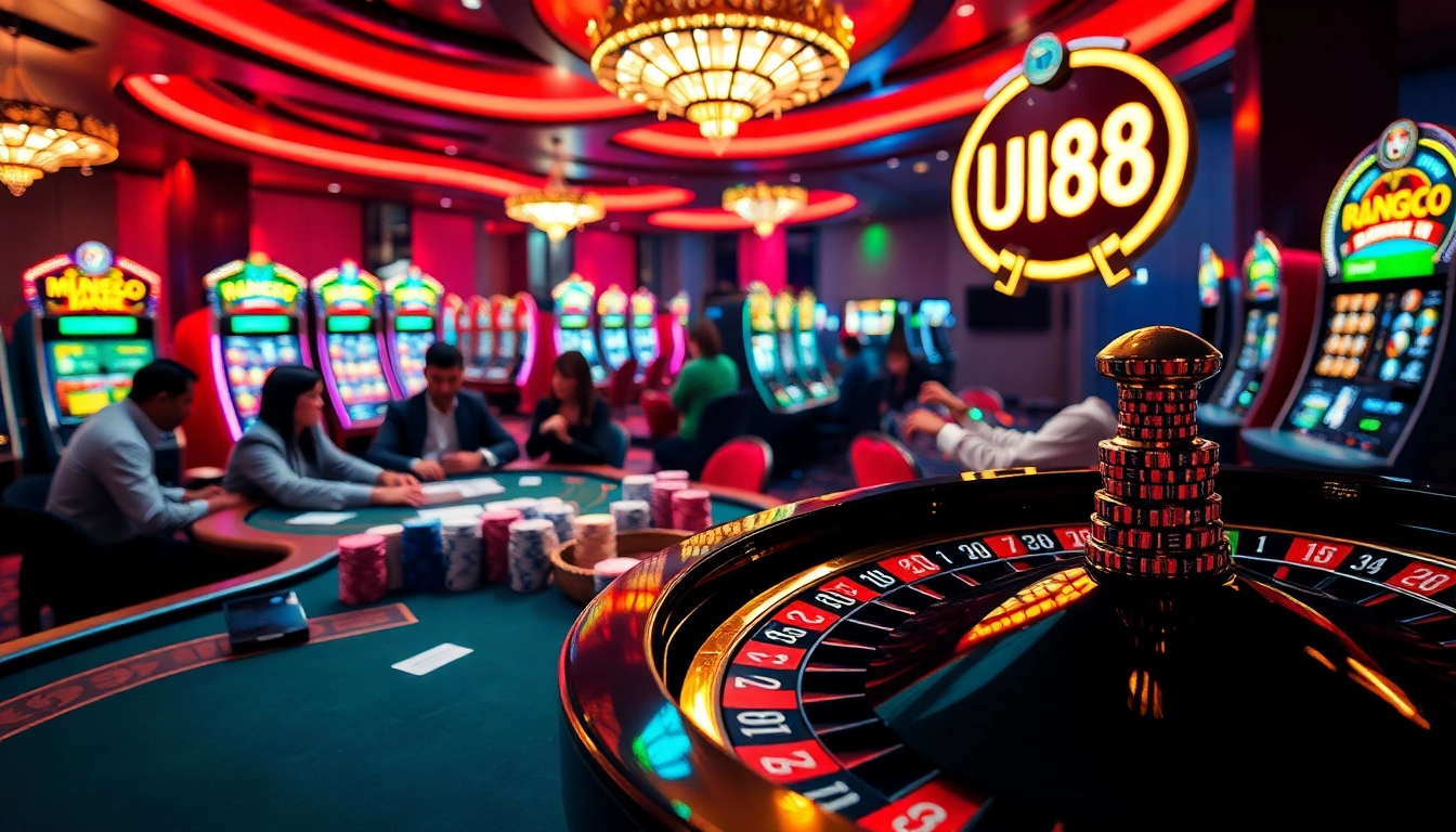 MU88 poker table in a bustling casino, highlighting intense gameplay and vibrant atmosphere with colorful chips.