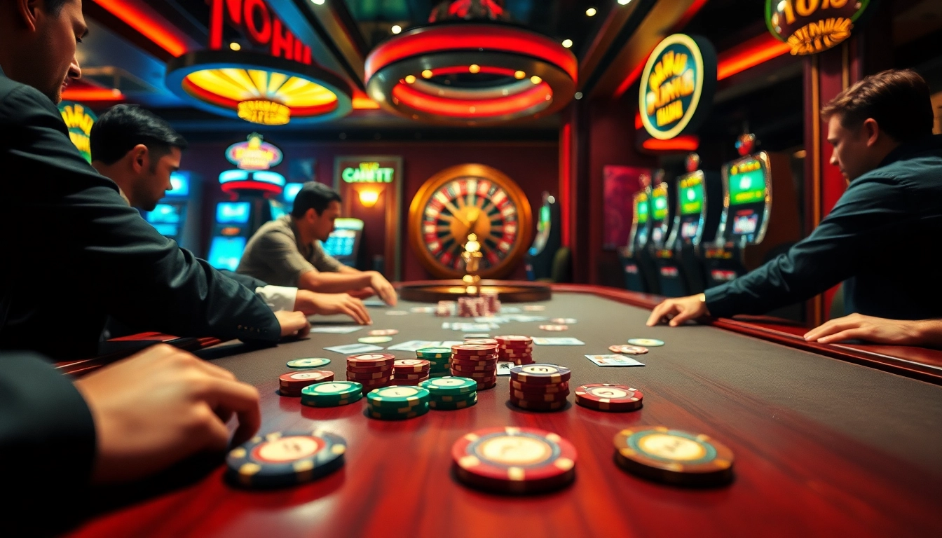NOHU poker table with vibrant chips and cards creating an exciting casino atmosphere.