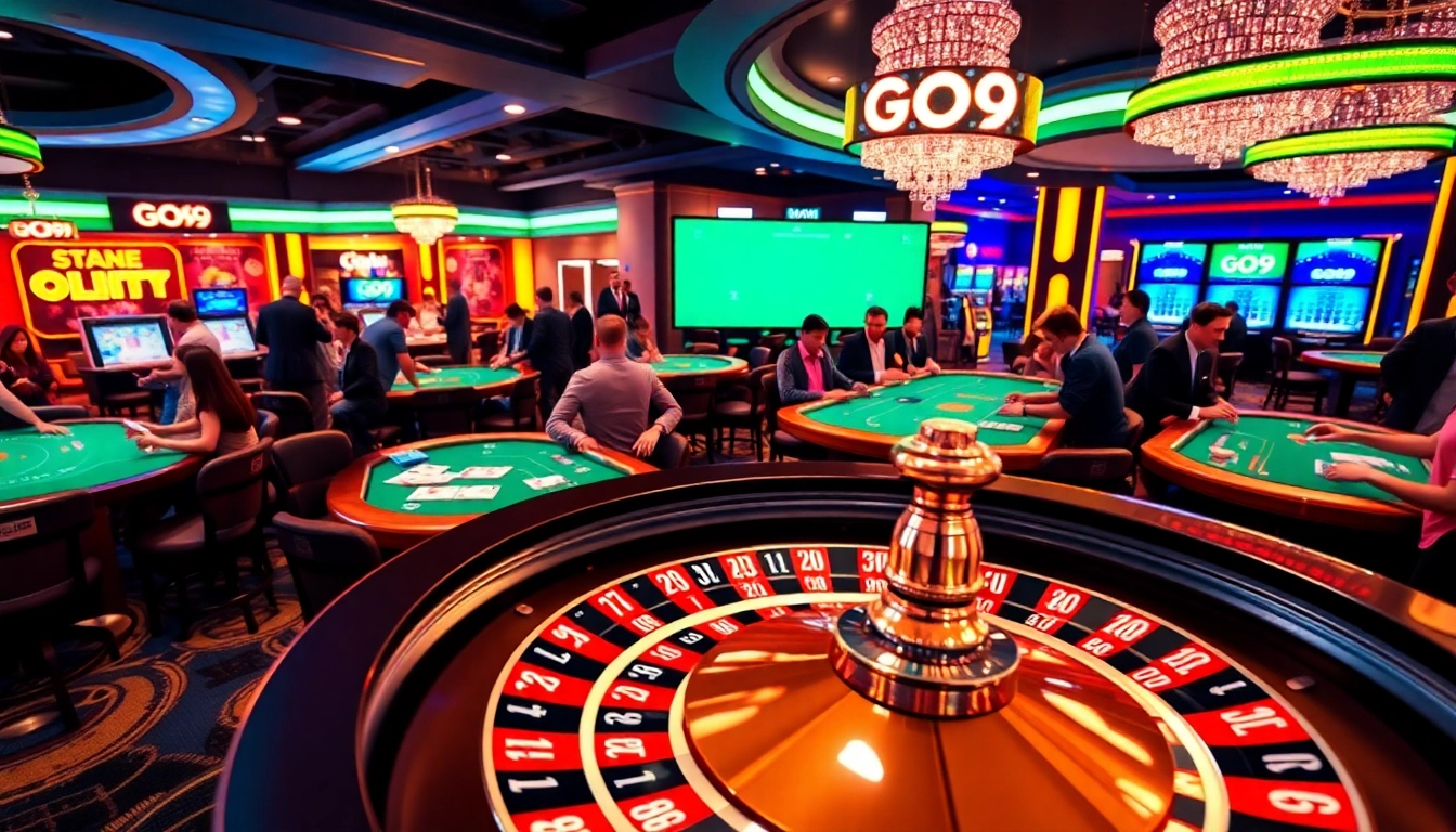 GO99 captures the thrill of casino gaming with players enjoying vibrant roulette and blackjack tables.