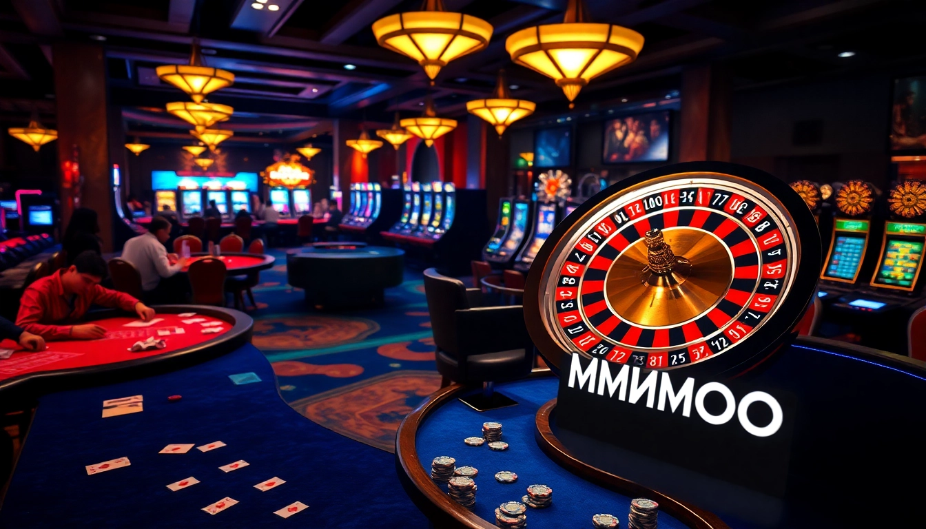 MMOO showcases a thrilling casino scene with players at poker tables and roulette wheels, embodying excitement.