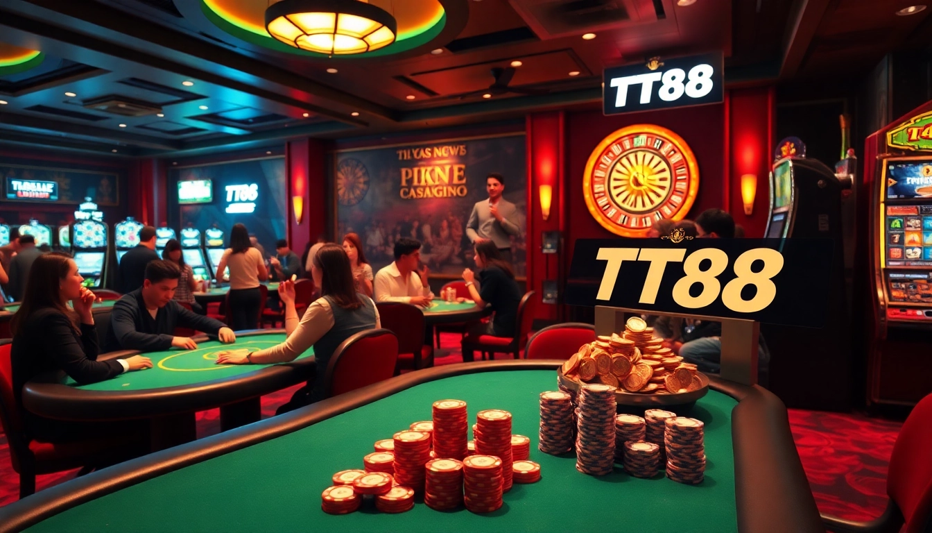 Experience TT88 thrills at a bustling casino table with players and vibrant slot machines.