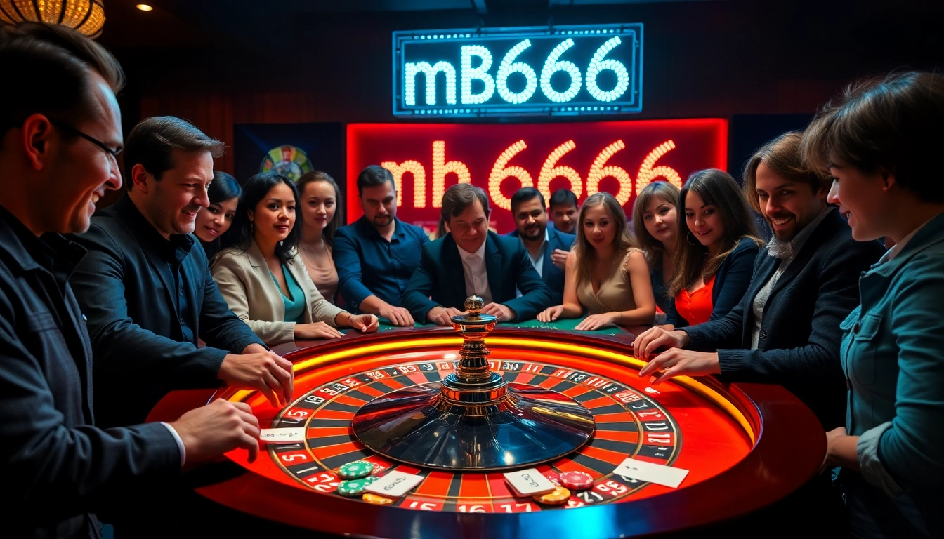 The excitement of mb6666 unfolds as players engage at a luxury casino roulette table, chips and betting slips in hand.